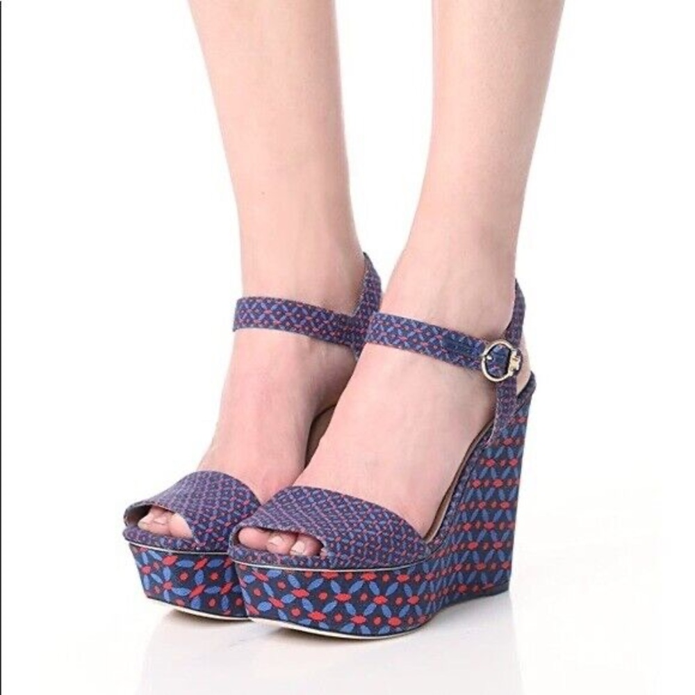 Tory Burch Navy Red Sea Ocho Rios Haven Platform Wedge Sandals